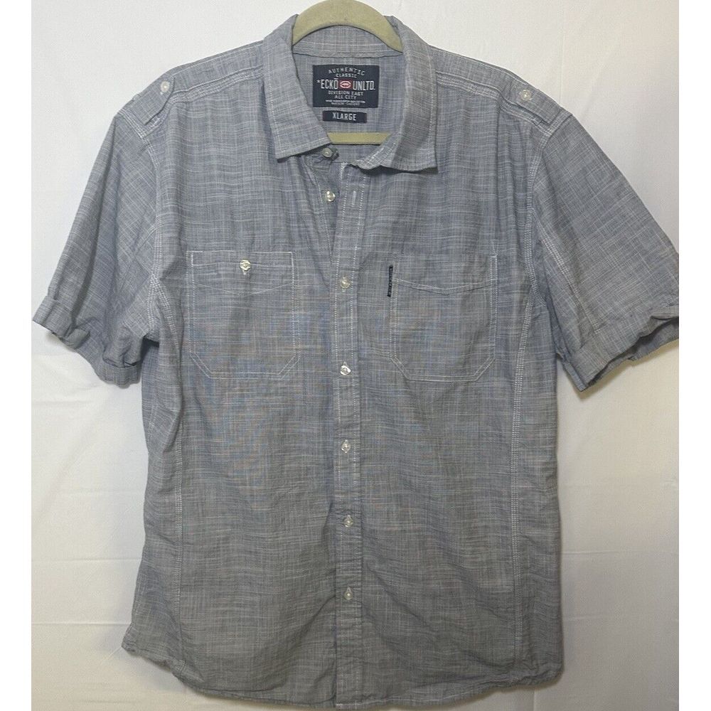 Ecko‎ Unltd Men's Short Sleeve Button Down Cotton Gray Solid Size  XL Pocket